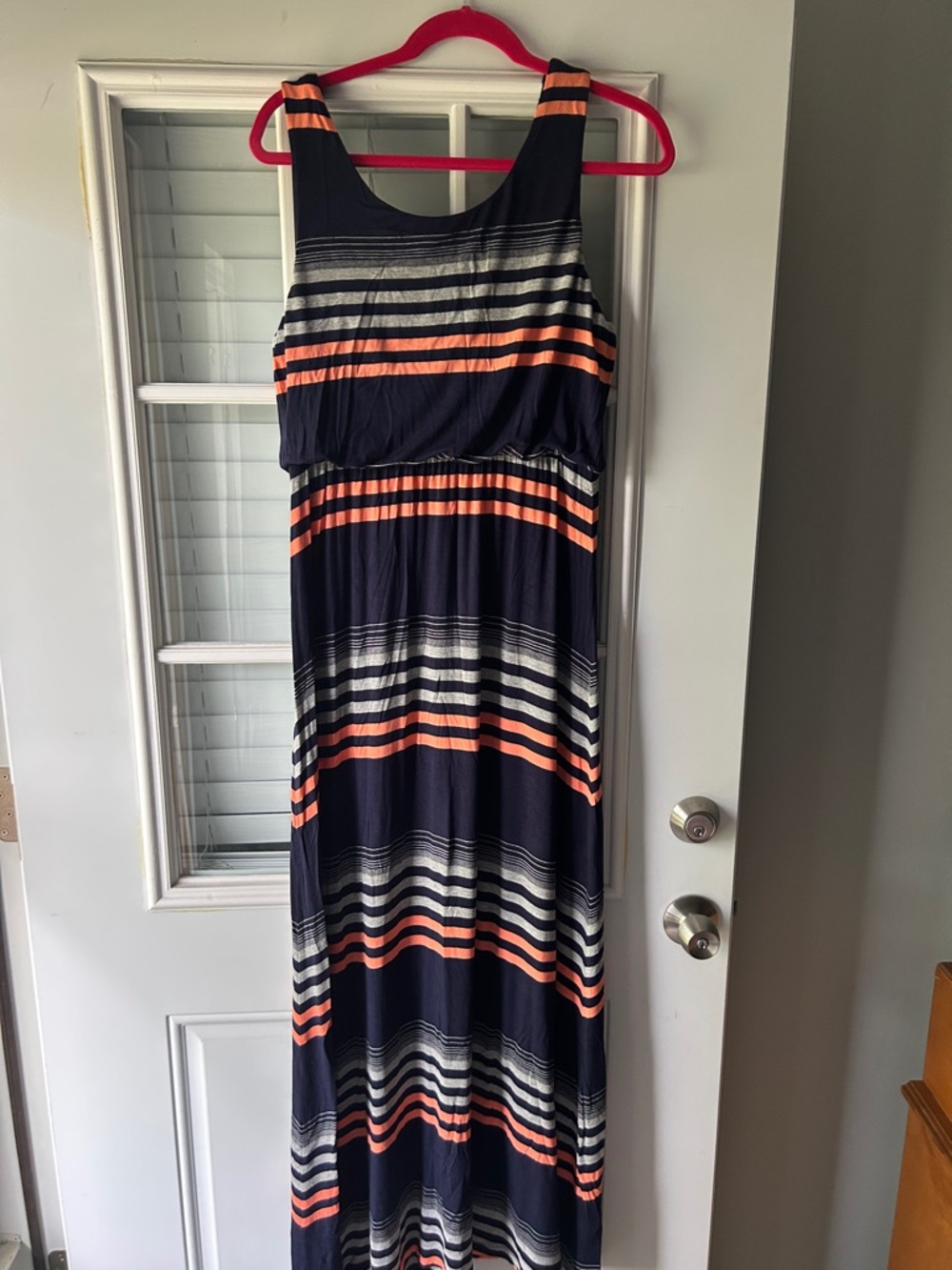 ONE WORLD Navy Maxi Dress with Coral and Grey Stripes